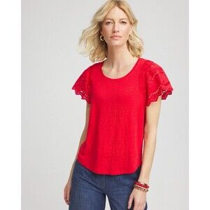 Chico's Women's 100% Linen Embroidered Lace Tee Red Size 2 or US L Summer Casual